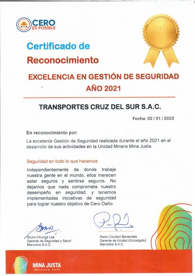 CRUZ DEL SUR recibe reconocimiento