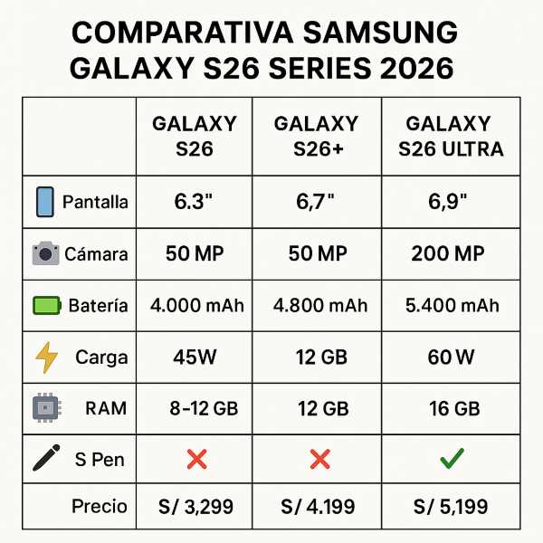 Comparativa Samsung Galaxy S26 vs S26 Plus vs S26 Ultra diferencias
