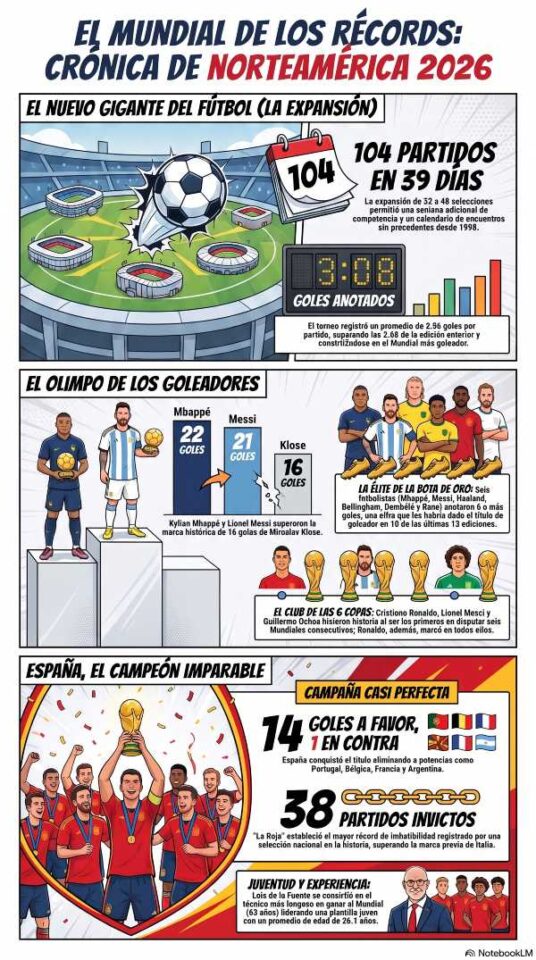 Mundial 2026: récords históricos y cifras que marcaron la Copa
El Mundial 2026 dejó cifras inéditas: 104 partidos, 308 goles y marcas individuales que redefinieron la historia del fútbol. España se coronó con una campaña casi perfecta.